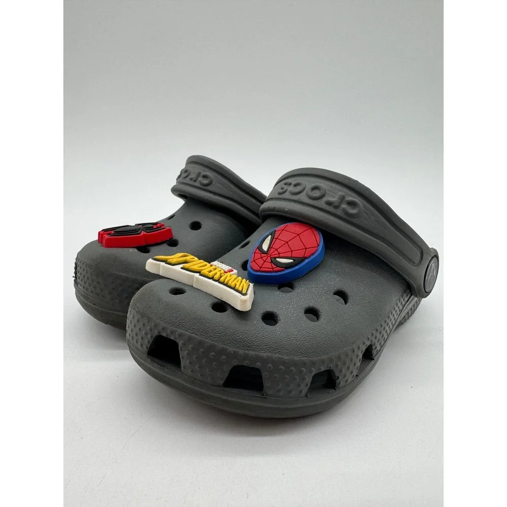 Crocs Kids Classic Clogs Gray Marvel Spider-Man Jibbitz Charms Size C8